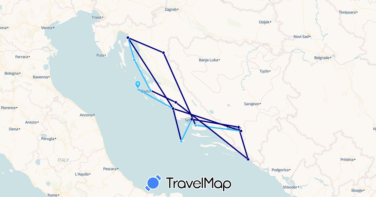 TravelMap itinerary: driving, plane, boat in Bosnia and Herzegovina, Croatia (Europe)